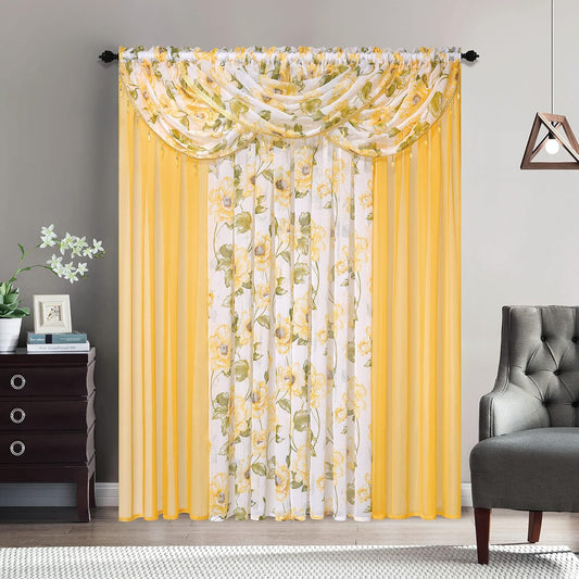 Sapphire Home Floral Sheer Curtains - Multicolor Flower 4 Panels Set with 3 Valances, 54" x 84", Privacy Voile Window Curtains for Living Room, Bedroom, Kitchen, Dining Room - Sandy/Yellow