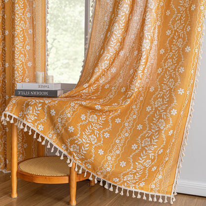 MYSKY HOME Boho Floral Curtains 84 inch Long 2 Panels Set Golden Mustard Yellow Farmhouse Curtains for Bedroom Living Room Light Filtering Semi Sheer Drapes with White Tassel Back Tab, 50" Wide