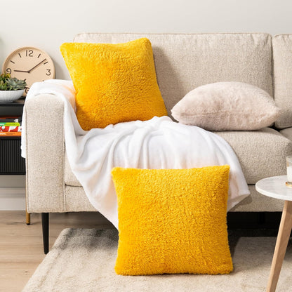 PAVILIA Fluffy Mustard Yellow Throw Pillow Covers, Decorative Accent Pillow Cases for Bed Sofa Couch, Soft Faux Fur Cushion Cover, Square Sherpa Pillowcases, Home Room Decor, Yellow, 18x18 Set of 2