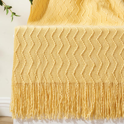 BATTILO HOME Yellow Throw Blanket for Couch, Textured Soft Gold Throw Blankets, Decorative Knitted Mustard Blanket for Sofa Bed Living Room, 50"x60"