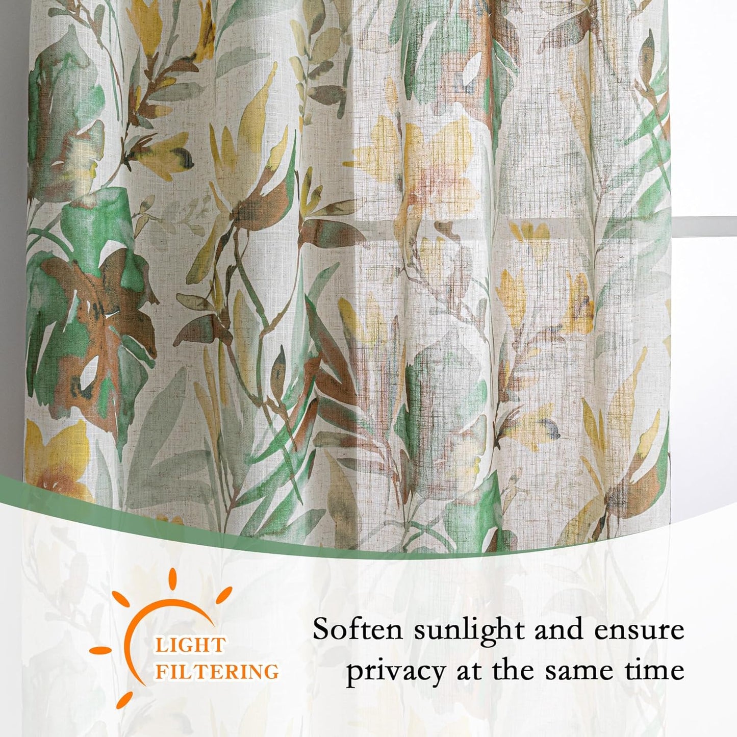 MYSKY HOME Floral Curtains 63 Inch Length Semi Sheer Drapes for Living Room Bedroom, Flower Printing Window Treatment Grommet 2 Panels，Yellow and Natural