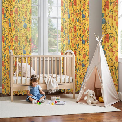 JOOJA Mustard Yellow Floral Linen Curtains, Boho Whimsical Bird Print Curtains for Bedroom Window Colorful Patterned Sheer Curtains for Living Room Kitchen 2 Panels 84 Inches Long