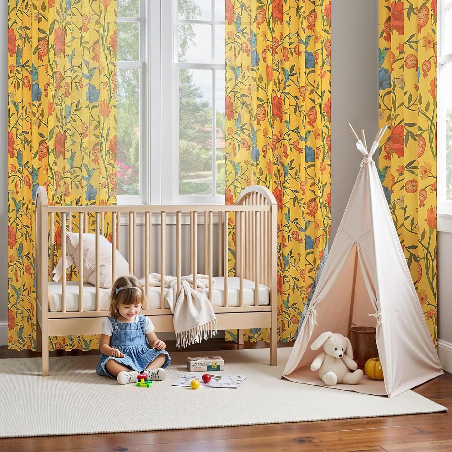 JOOJA Mustard Yellow Floral Linen Curtains, Boho Whimsical Bird Print Curtains for Bedroom Window Colorful Patterned Sheer Curtains for Living Room Kitchen 2 Panels 63 Inches Long