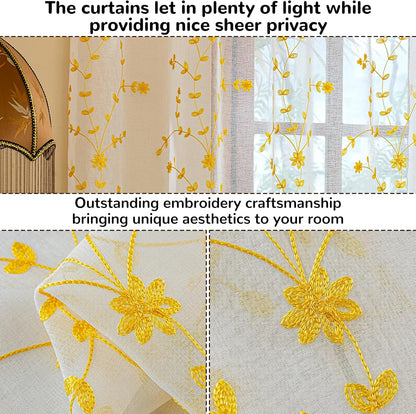 AmHoo 2 Panels Leaf Flora Embroidered Farmhouse Semi Sheer Curtain Voile Curtains for Living Room Bedroom Window Treatment White Gold Yellow 53 x 84 Inch