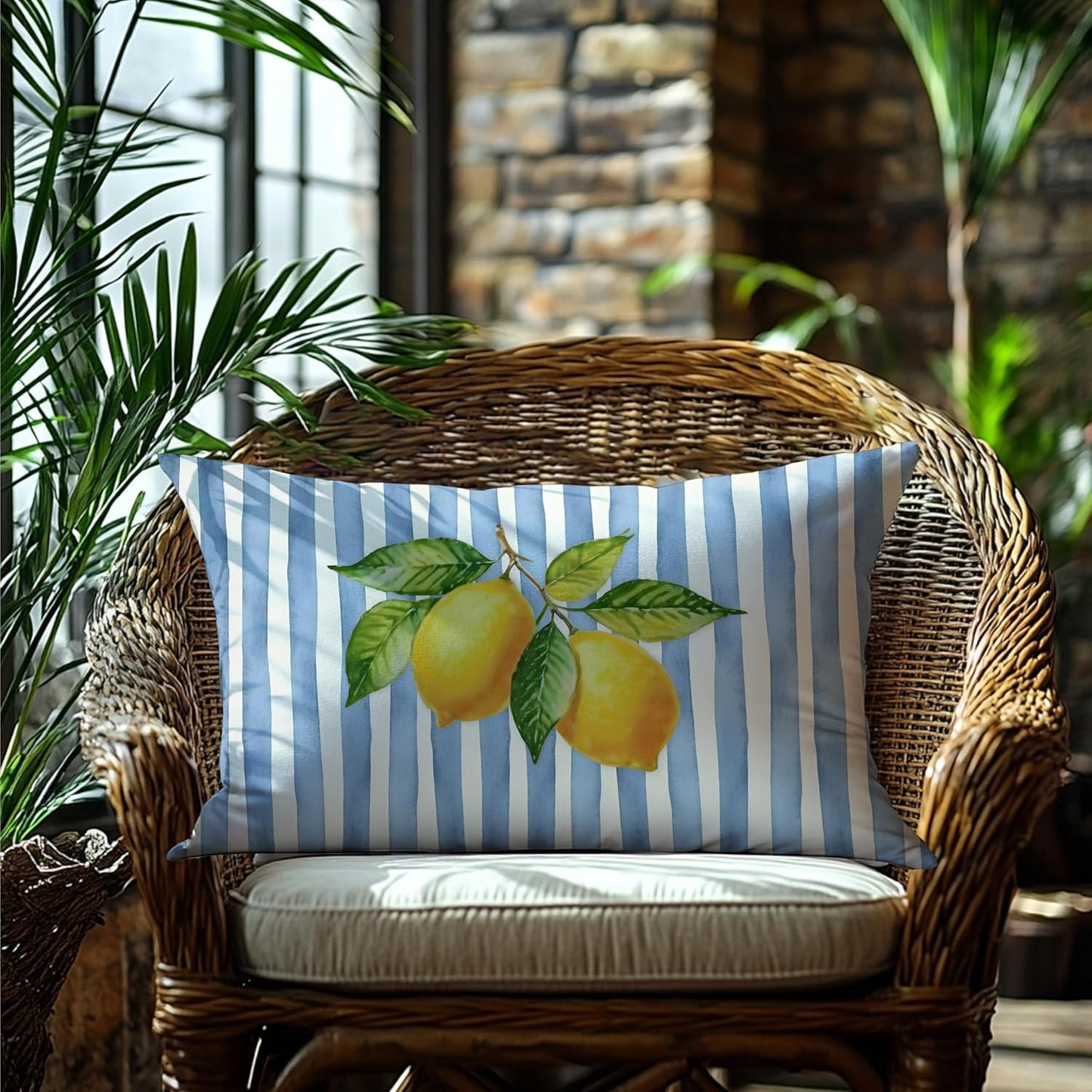 Blue and Yellow Summer Italian Mediterranean Amalfi Coast Lemon Pillow Cover Decor 12x20,Italian Striped Decorative Throw Pillow Cover Decor for Couch Double-Sided