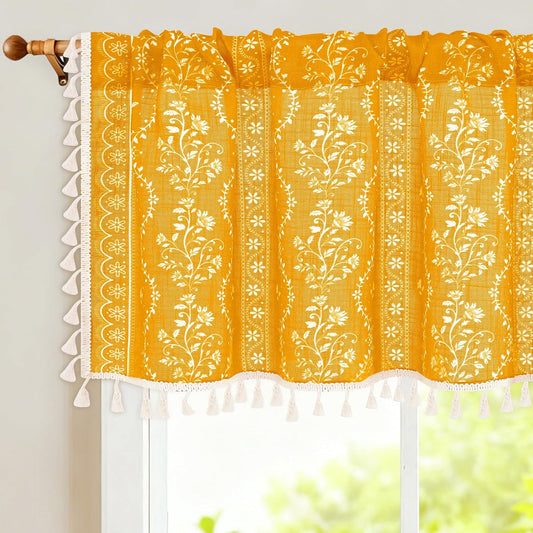 Yinhua Boho Valance Curtains Vintage Linen Yellow Kitchen Valances for Windows Light Filtering Bohemian Floral Valance Rod Pocket Farmhouse Tassel Window Valances for Bathroom Cafe, 52" W X 18" L