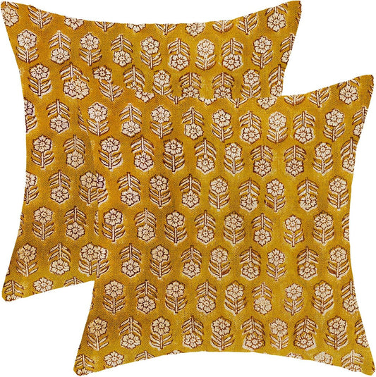 AEIOAE Mustard Yellow Pillow Covers 18x18 Inch Set of 2, Boho Spring Vintage Floral Throw Pillows Case, Flower Rustic Seasonal Summer Outdoor Decorative Farmhouse Decor Cushion Covers for Sofa Couch