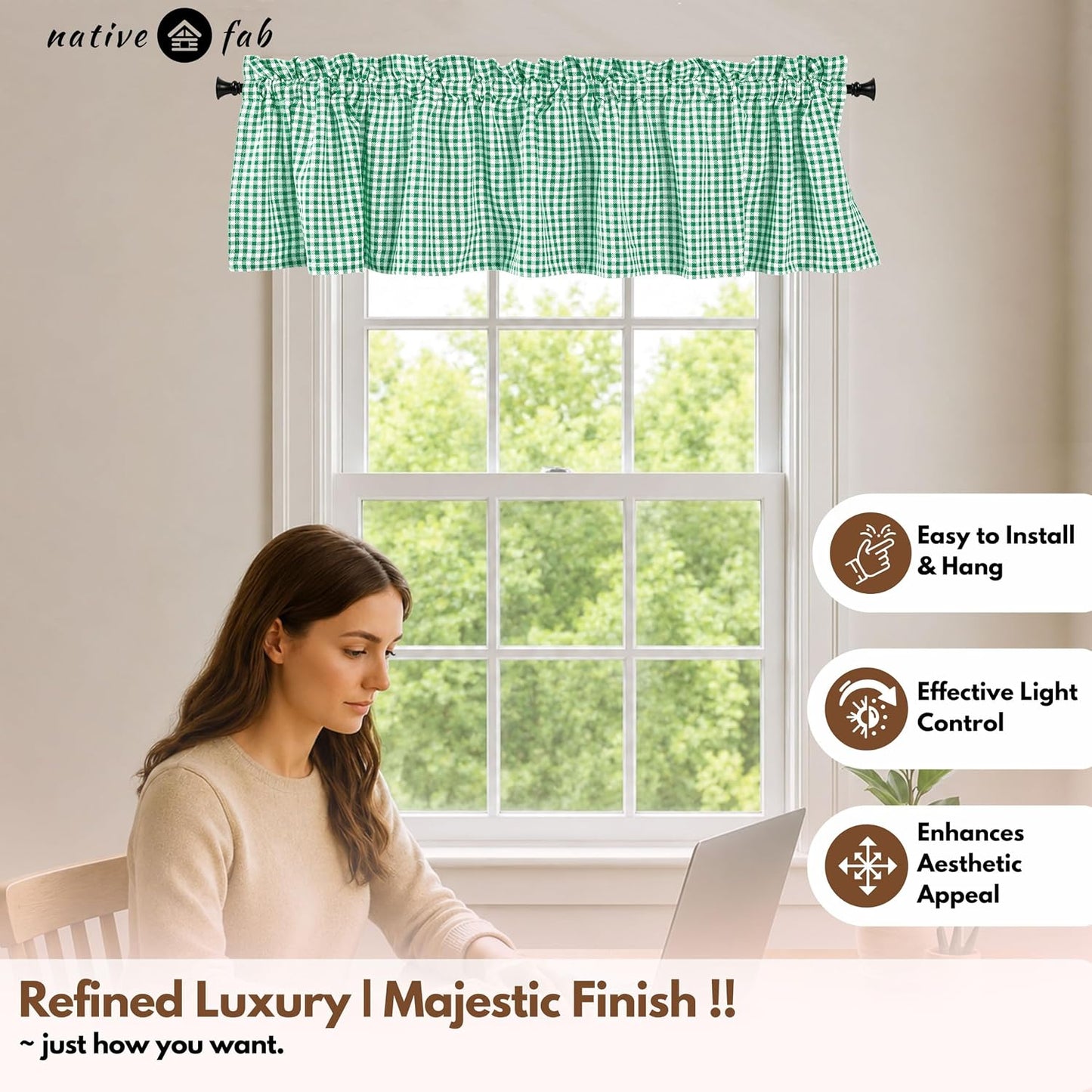 Native Fab Gingham Plaid Check 2 Pack Window Curtain Valance Set - Rod Pocket - Semi Sheer - Half Curtain for Kitchen, Bedroom, Living Room, Bathroom, Farmhouse - 54"x18" - Lemon Green