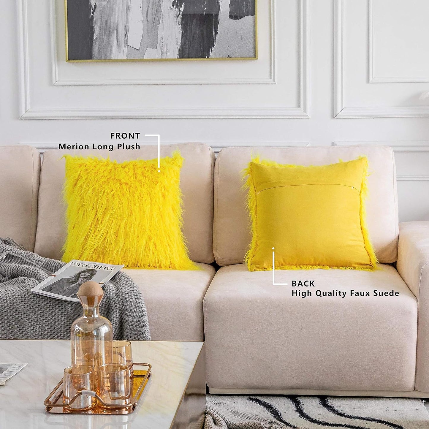 Home Brilliant Yellow Fur Pillow Covers Furry Fuzzy Accent Throw Pillow Covers Decorative for Couch Sofa Bed Holiday Summer Decoration Girl Gift, Set of 2 (18 x 18 Inch, Yellow)