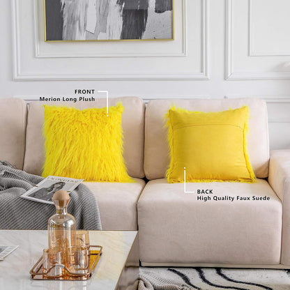 Home Brilliant Yellow Fur Pillow Covers Furry Fuzzy Accent Throw Pillow Covers Decorative for Couch Sofa Bed Holiday Summer Decoration Girl Gift, Set of 2 (18 x 18 Inch, Yellow)