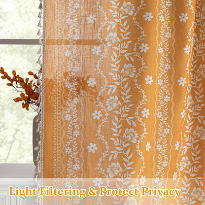 MYSKY HOME Boho Floral Curtains 84 inch Long 2 Panels Set Golden Mustard Yellow Farmhouse Curtains for Bedroom Living Room Light Filtering Semi Sheer Drapes with White Tassel Back Tab, 50" Wide