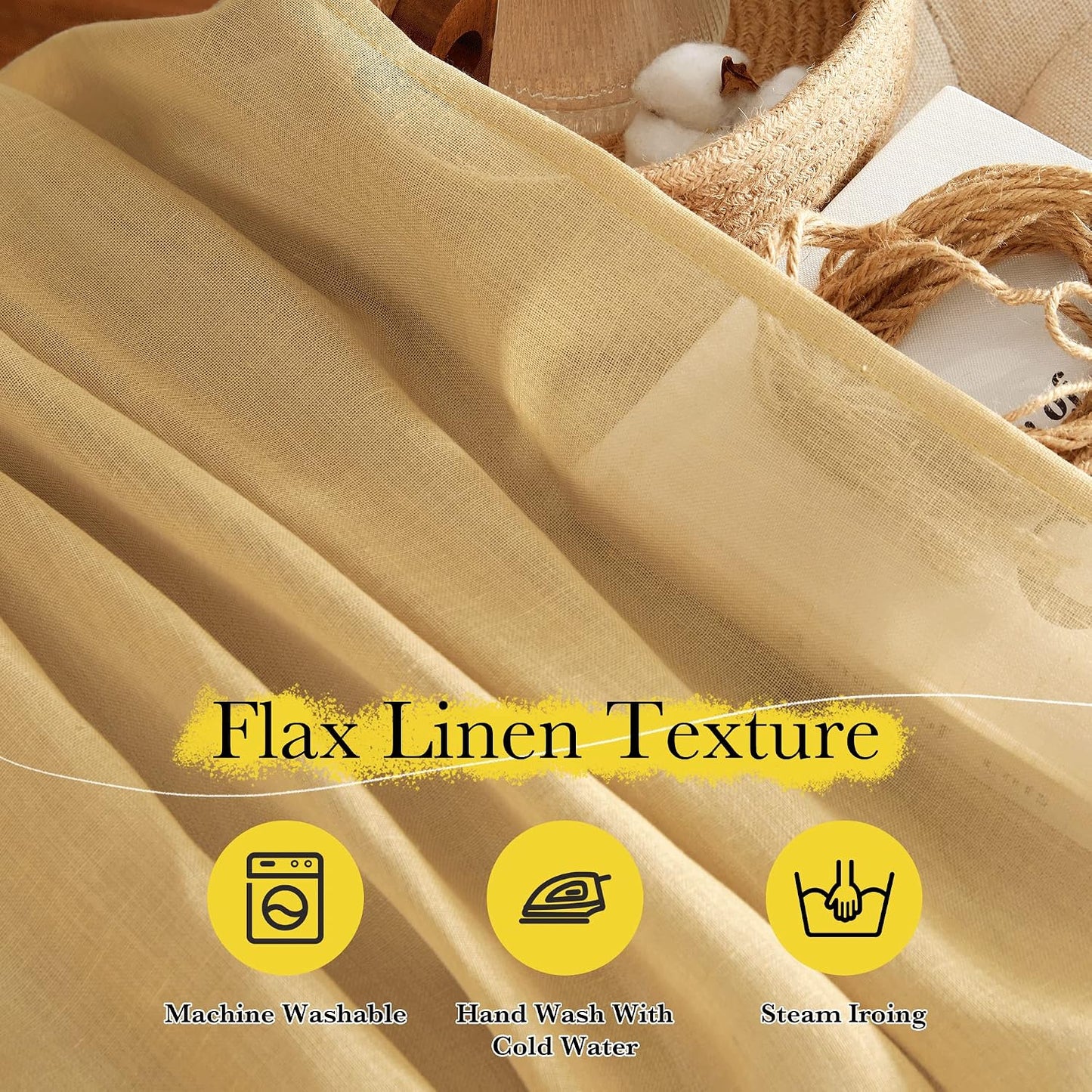 NICETOWN Sheer Linen Desert Yellow Curtains 84 inch Long for Bedroom, Rod Pocket & Back Tab Privacy Semi Sheer Light Filtering Flax Linen Window Drapes for Living Room, W52 x L84, 2 Panels