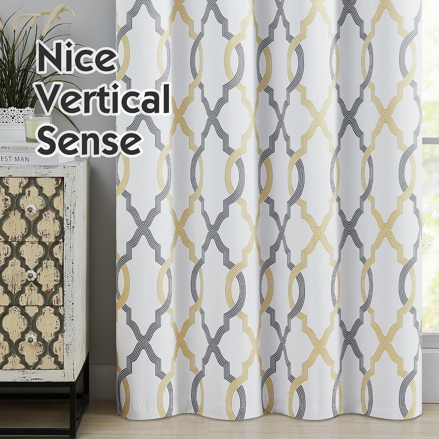 100% Blackout Curtains 84 Inches Long for Bedroom, Yellow Grey on White Moroccan Geometric Patterned Window Curtain for Living Room, Farmhouse Thermal Insulated Drapes Grommet Top 2 Panels