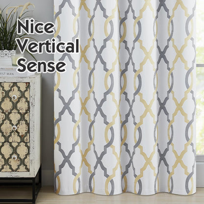 100% Blackout Curtains 84 Inches Long for Bedroom, Yellow Grey on White Moroccan Geometric Patterned Window Curtain for Living Room, Farmhouse Thermal Insulated Drapes Grommet Top 2 Panels
