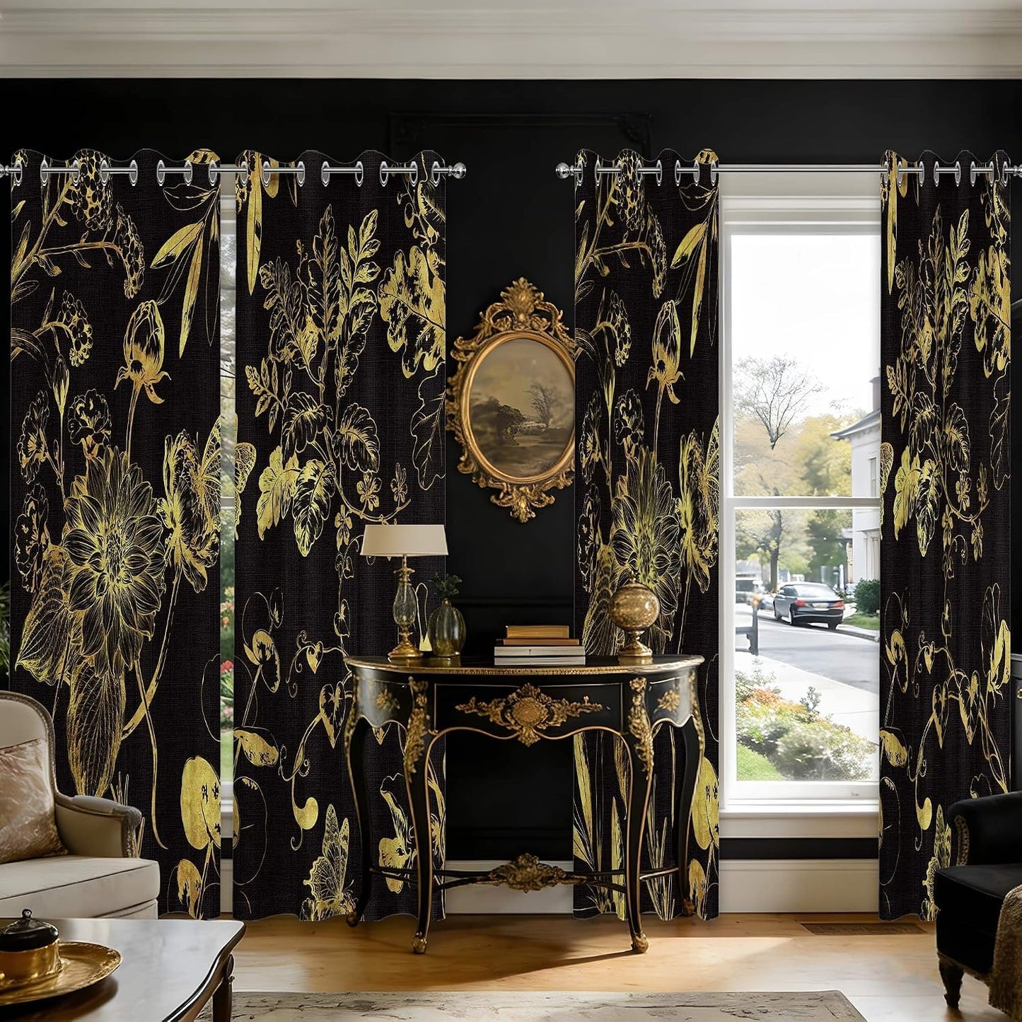 Black and Gold Vintage Botanical Blackout Curtains Patterned Golden Yellow Floral Window Drapes for Bedroom Living Room, 84 inch Length 2 Panels Set, 52x84 inch