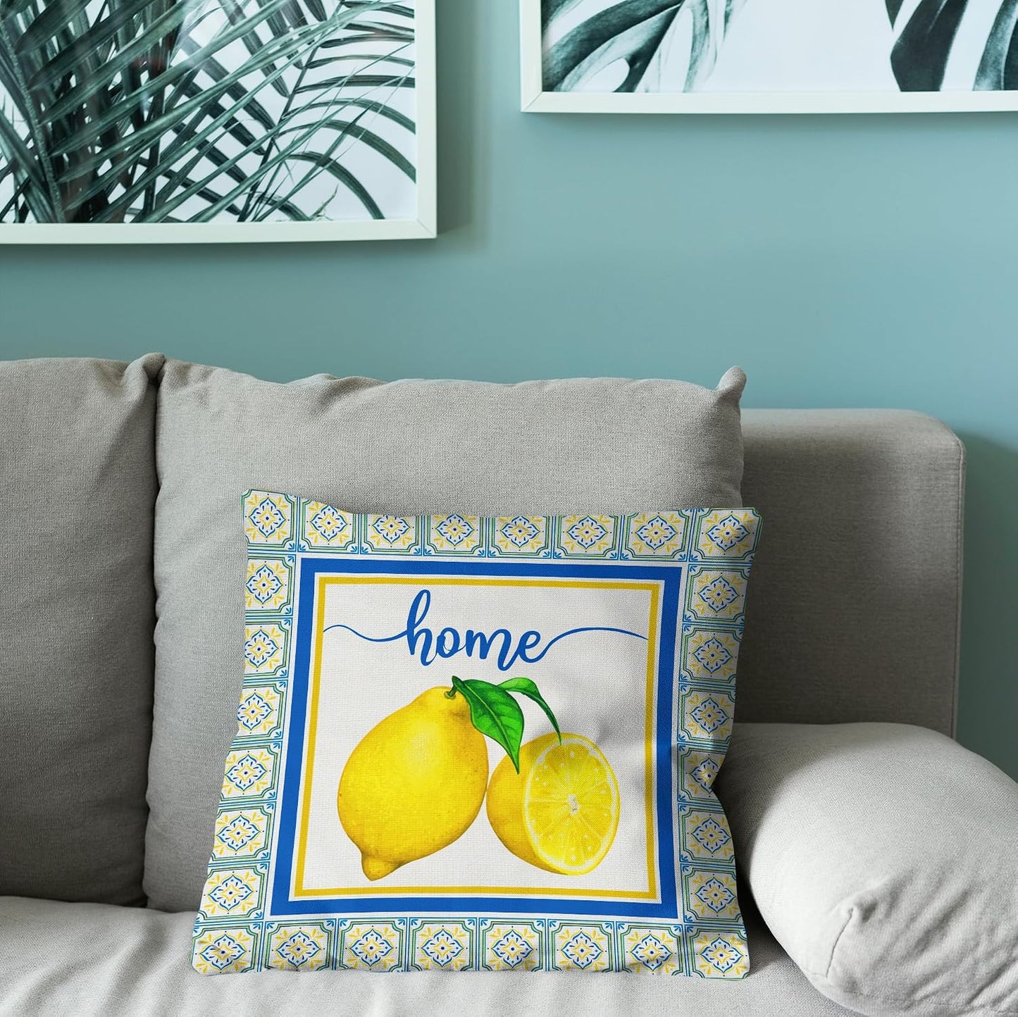 Italian Lemon Pillow Cases - Blue & Cyan Burlap Artifical Fruit Farmhouse Decorations for Spring/Summer Life & Party