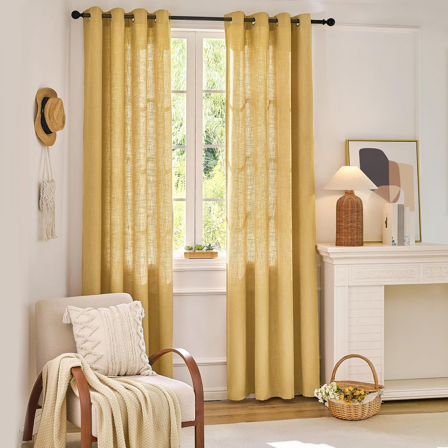 Mustard Yellow Linen Window Curtain Panels with Grommets 52 inches Width 84 inches Length Set of 2,Natural, DIY Home Decor Drapes for Multiple Rooms