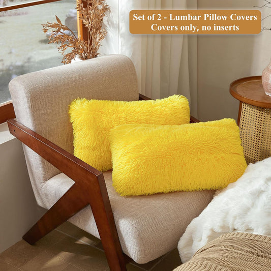 XeGe 12x20 Fluffy Faux Fur Lumbar Throw Pillow Covers Pack of 2, Shaggy Fuzzy Aesthetic Lumbar Pillowcases with Zipper, Plush Furry Long Pillow Cases Sleeping Kids Teens Adults Side Sleeper, Yellow