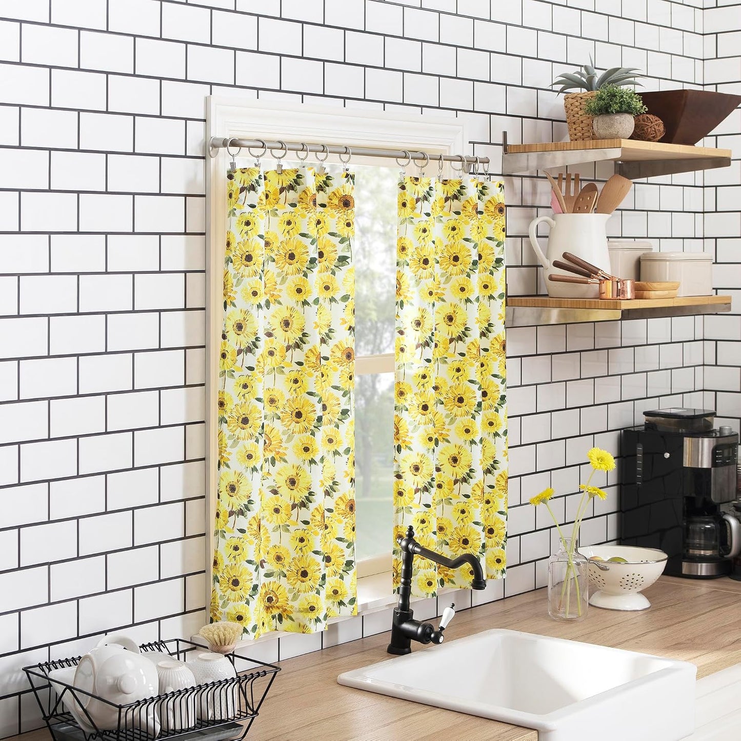 No. 918 Sunbeam Sunflower Print Semi-Sheer Rod Pocket Kitchen Curtain Valance and Tiers Set, 54" x 24", Yellow