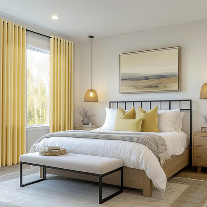 Jowels Yellow Linen Curtains 84 Inch Length 2 Panels for Living Room Bedroom, Light Filtering Sheer Curtains 84 Inches, Elegant Modern Grommet Semi Sheer Soft Privacy Drapes
