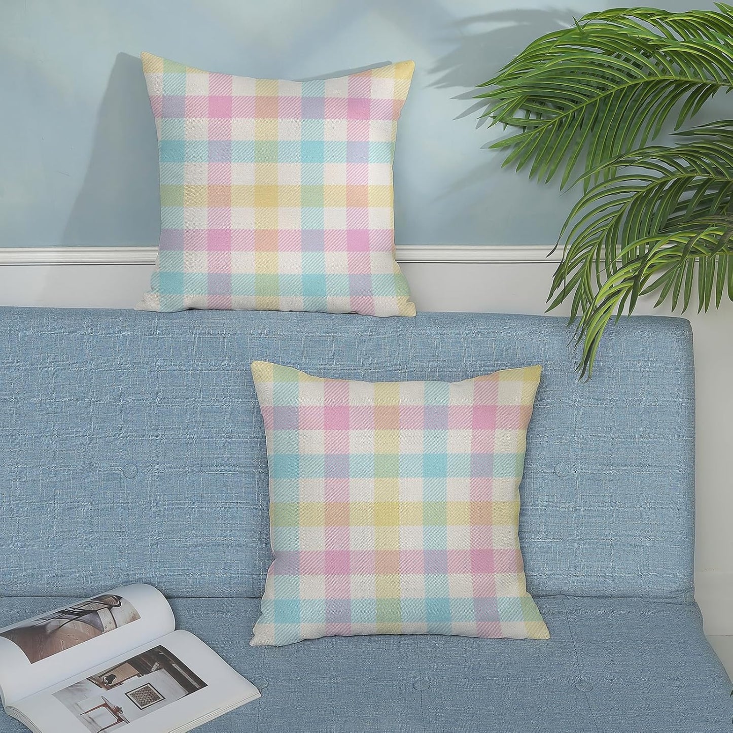 Spring Buffalo Plaid Pillow Covers 18x18 Set of 2 Yellow Blue Pink Checkered Easter Throw Pillows Summer Outdoor Decorative Pillowcase Farmhouse Linen Holiday Decor Cushion Case for Couch Sofa