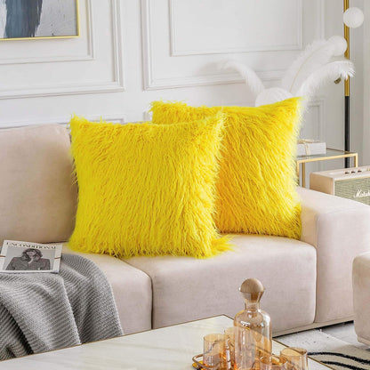 Home Brilliant Yellow Fur Pillow Covers Furry Fuzzy Accent Throw Pillow Covers Decorative for Couch Sofa Bed Holiday Summer Decoration Girl Gift, Set of 2 (18 x 18 Inch, Yellow)