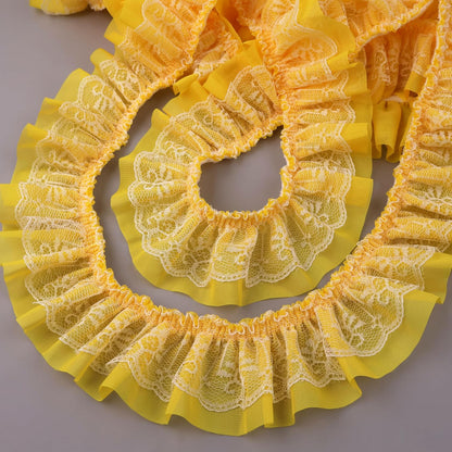 GXTIZAS Yellow Lace Ruffle Ribbon, Double Layer Pleated Chiffon Lace Trim, 6cm Wide Elastic Decorative Lace Edge for Sewing, Clothing, Pillowcase & DIY Craft Decoration (Perfect for 10-15 Projects)