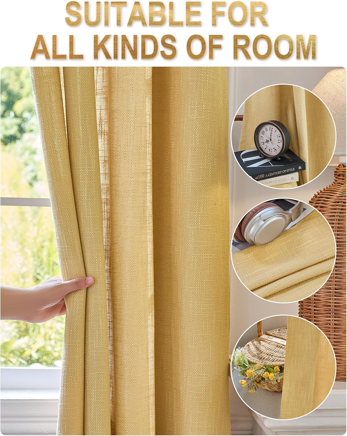Mustard Yellow Linen Window Curtain Panels with Grommets 52 inches Width 84 inches Length Set of 2,Natural, DIY Home Decor Drapes for Multiple Rooms