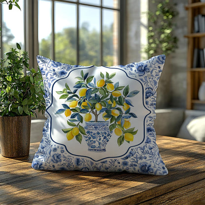 Chinoiserie Lemon Floral Pillow Cover 18x18 Double-Sided,Summer Blue and White Decorative Throw Pillow Cover for Couch Bed Bedroom Living Room