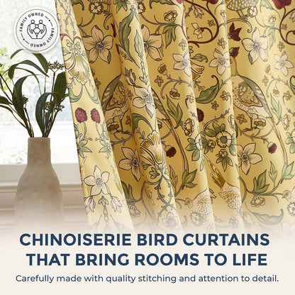 HLC.ME Florence Mustard Yellow Floral Curtains - Whimsical Hummingbird Chinoiserie Patterned Back Tab Rod Pocket Print Curtains Bedroom - Light Blocking Darkening Window Panels, Set of 2 (52 W x 84 L)