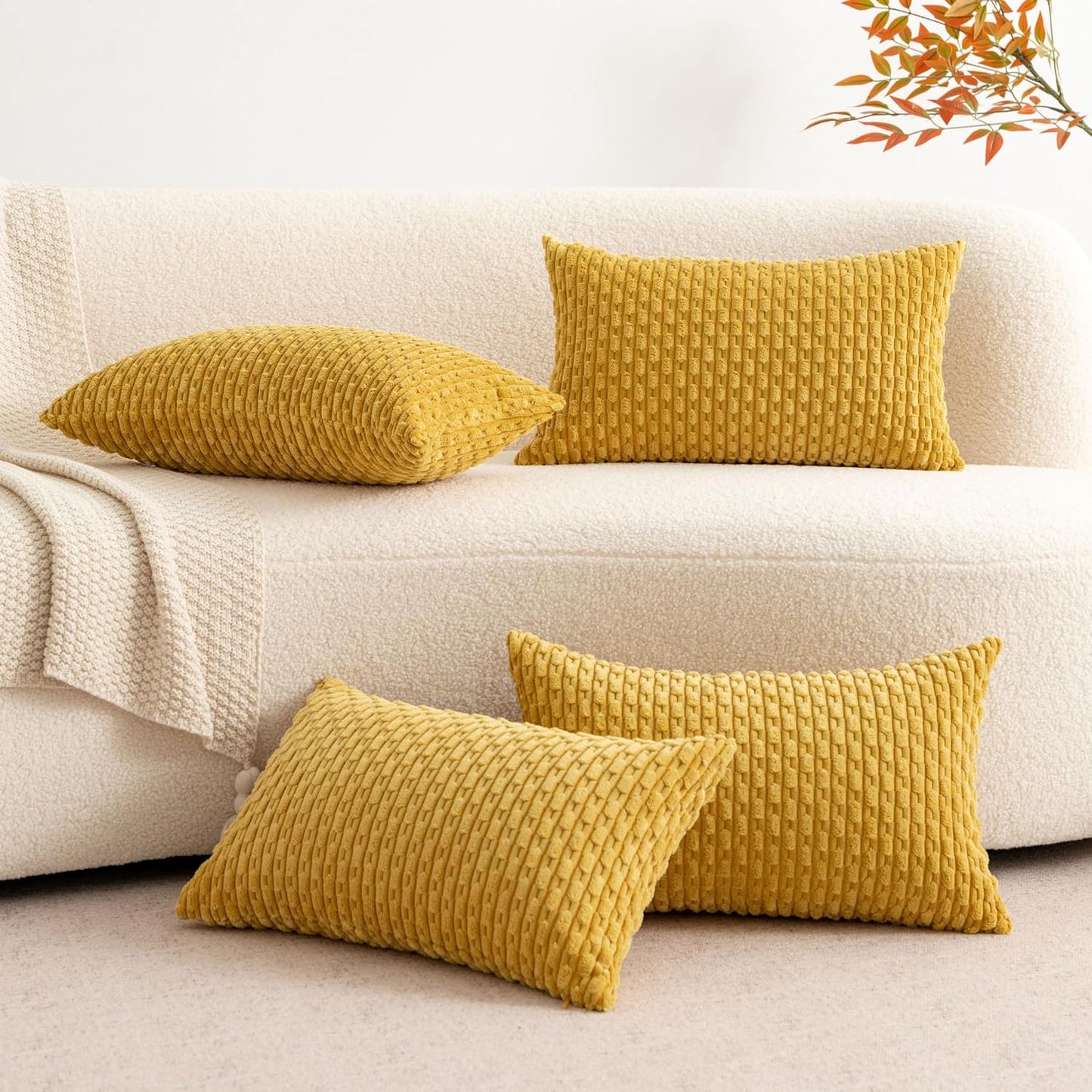 UGASA Fall Soft Corduroy Decorative Pillow Cover 12x20 Inch Boho Striped Oblong Throw Pillow Cover Rectangle Lumbar Modern Home Decor for Sofa Living Room Couch Bed Mustard Yellow 1 Piece