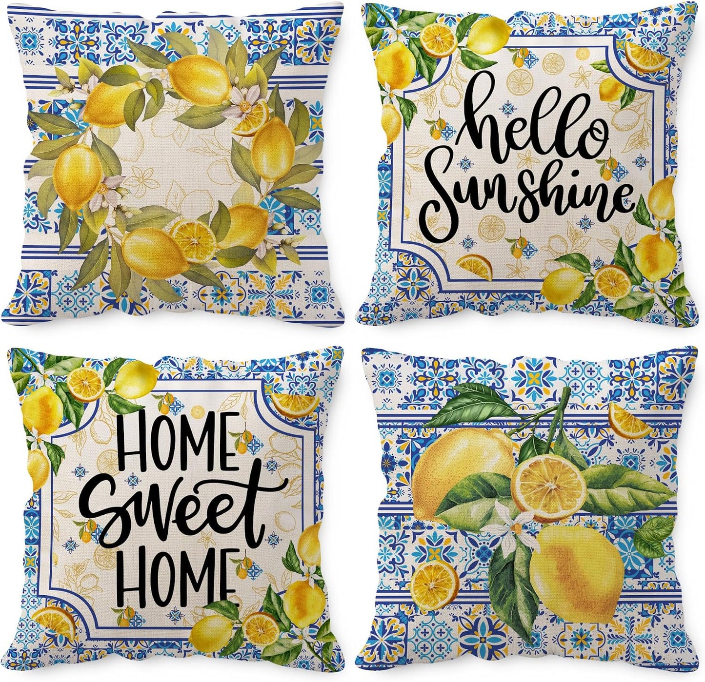 Lemon Pillow Covers 18x18, Home Sweet Home Throw Pillowcase, Yellow and Blue Mediterranean Summer Decor Italian Themed Tile Flower Pattern Square Cushion Covers for Sofa Bed Couch Set of 4