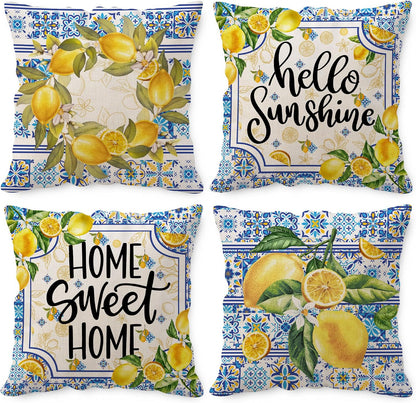 Lemon Pillow Covers 18x18, Home Sweet Home Throw Pillowcase, Yellow and Blue Mediterranean Summer Decor Italian Themed Tile Flower Pattern Square Cushion Covers for Sofa Bed Couch Set of 4
