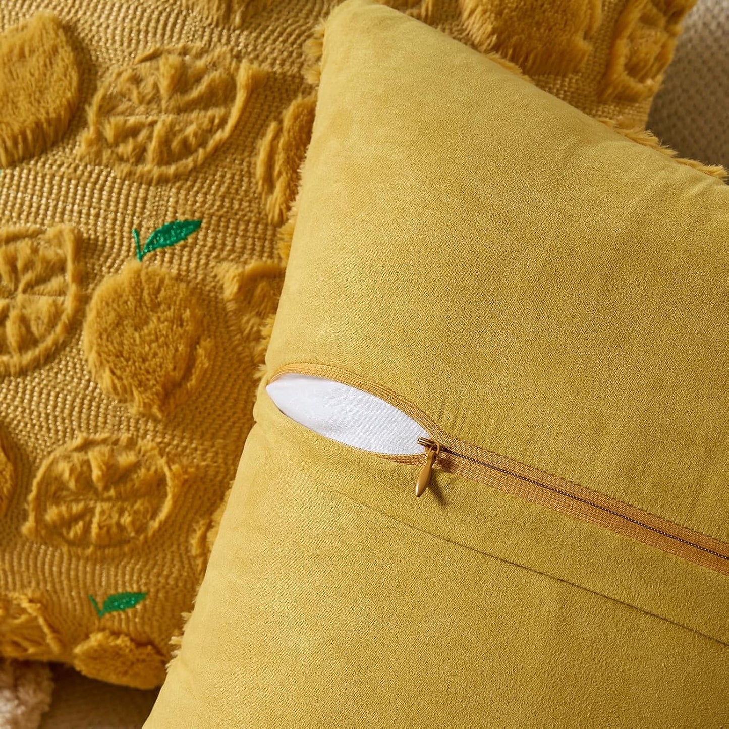 GIGIZAZA Pack of 2 Yellow Pillow Covers 20x20, Decorative Throw Pillows Cute Boho Farmhouse Covers for Couch Faux Fur Fruit Pattern Pillow Cases Embroidered Living Room Cushion Covers