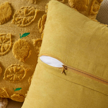 GIGIZAZA Pack of 2 Yellow Pillow Covers 20x20, Decorative Throw Pillows Cute Boho Farmhouse Covers for Couch Faux Fur Fruit Pattern Pillow Cases Embroidered Living Room Cushion Covers