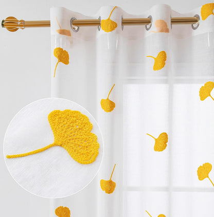 Yellow Sheer Curtains 84 Inches Long Embroidered Leaf Patterned Linen Look Floral Semi Sheer Curtain for Kids Bedroom Living Room Grommet Voile Drapes 2 Panels