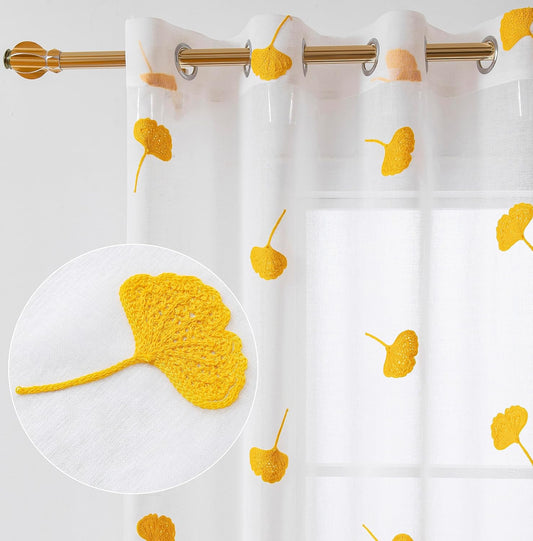 Yellow Sheer Curtains 84 Inches Long Embroidered Leaf Patterned Linen Look Floral Semi Sheer Curtain for Kids Bedroom Living Room Grommet Voile Drapes 2 Panels