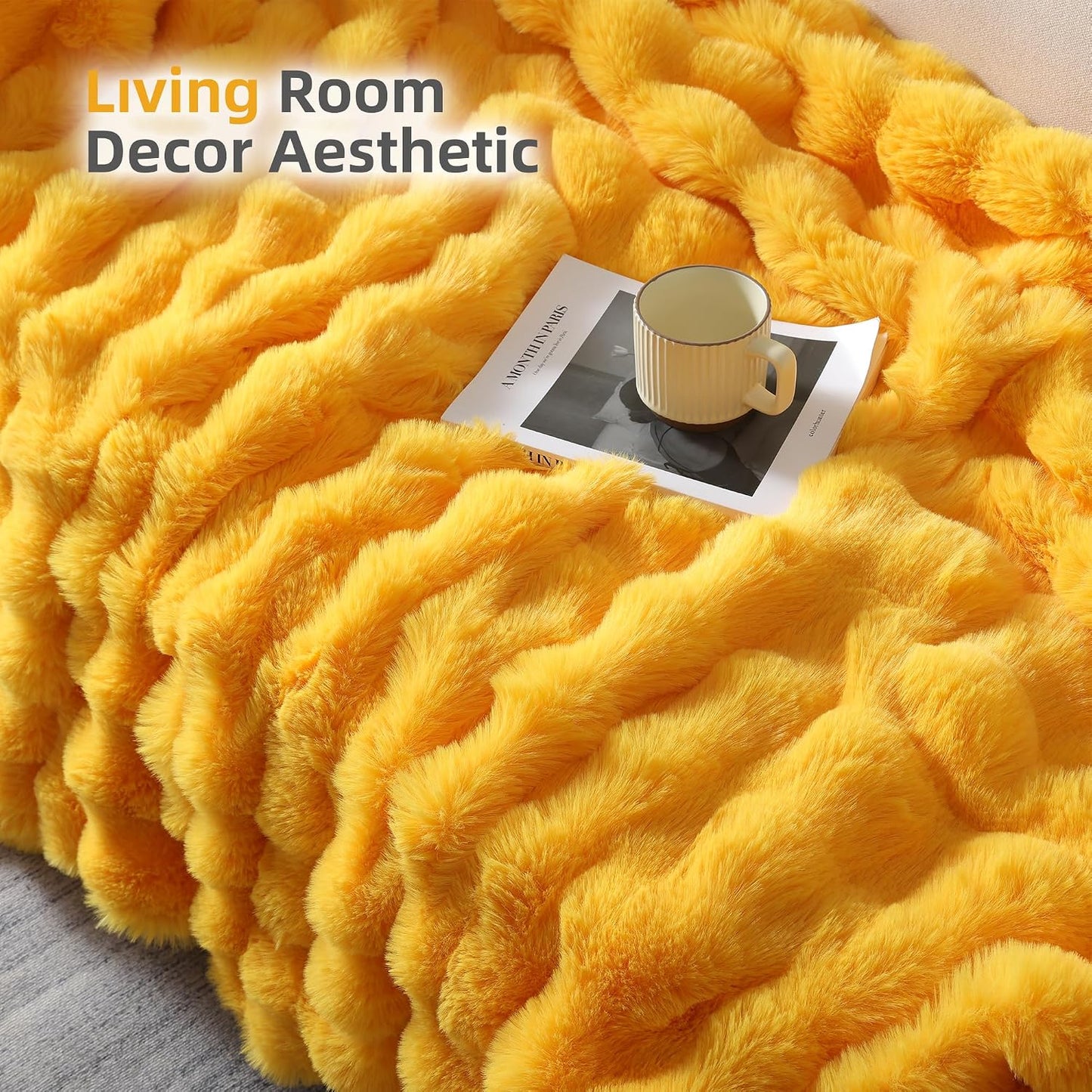 Smoofy Faux Fur Throw Blanket for Couch - Mustard Yellow Soft Cozy Bubble Blanket, Fluffy Plush Fuzzy Throw for Sofa & Bed, Thick Lightweight Warm Blanket, Luxury Aesthetic Gift for Women 50"x60"
