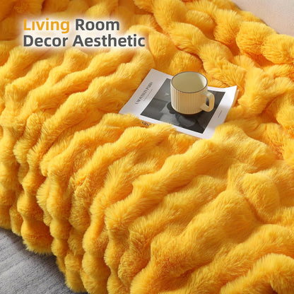 Smoofy Faux Fur Throw Blanket for Couch - Mustard Yellow Soft Cozy Bubble Blanket, Fluffy Plush Fuzzy Throw for Sofa & Bed, Thick Lightweight Warm Blanket, Luxury Aesthetic Gift for Women 50"x60"