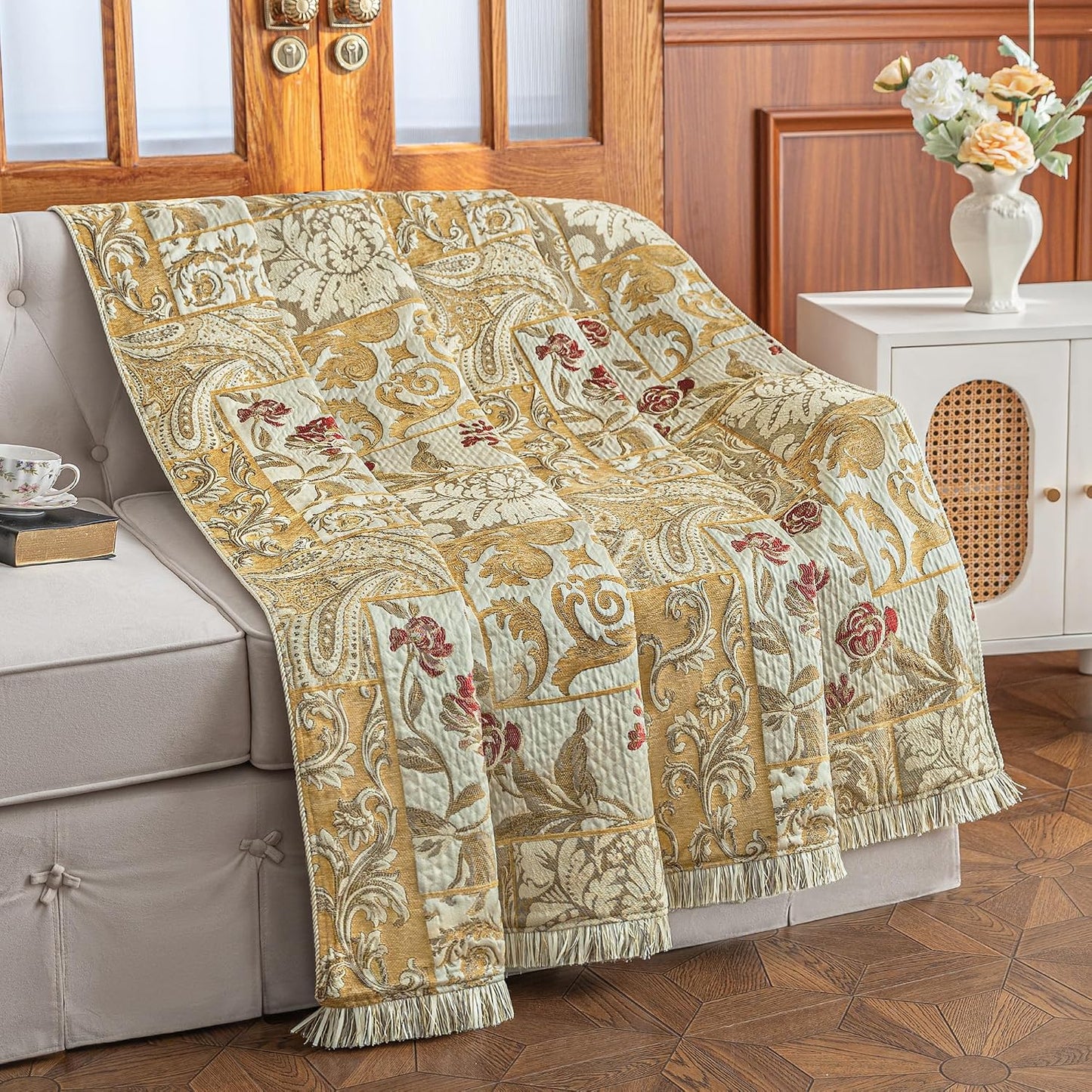 Loom and Mill Damask Patchwork Throw Blankets for Bed, Jacquard Floral Throws with Fringes Trim, Soft Lightweight Velvet Lined Throw Blanket for Sofa Couch Chair All Seasons(Beige Yellow, 52”x72”)