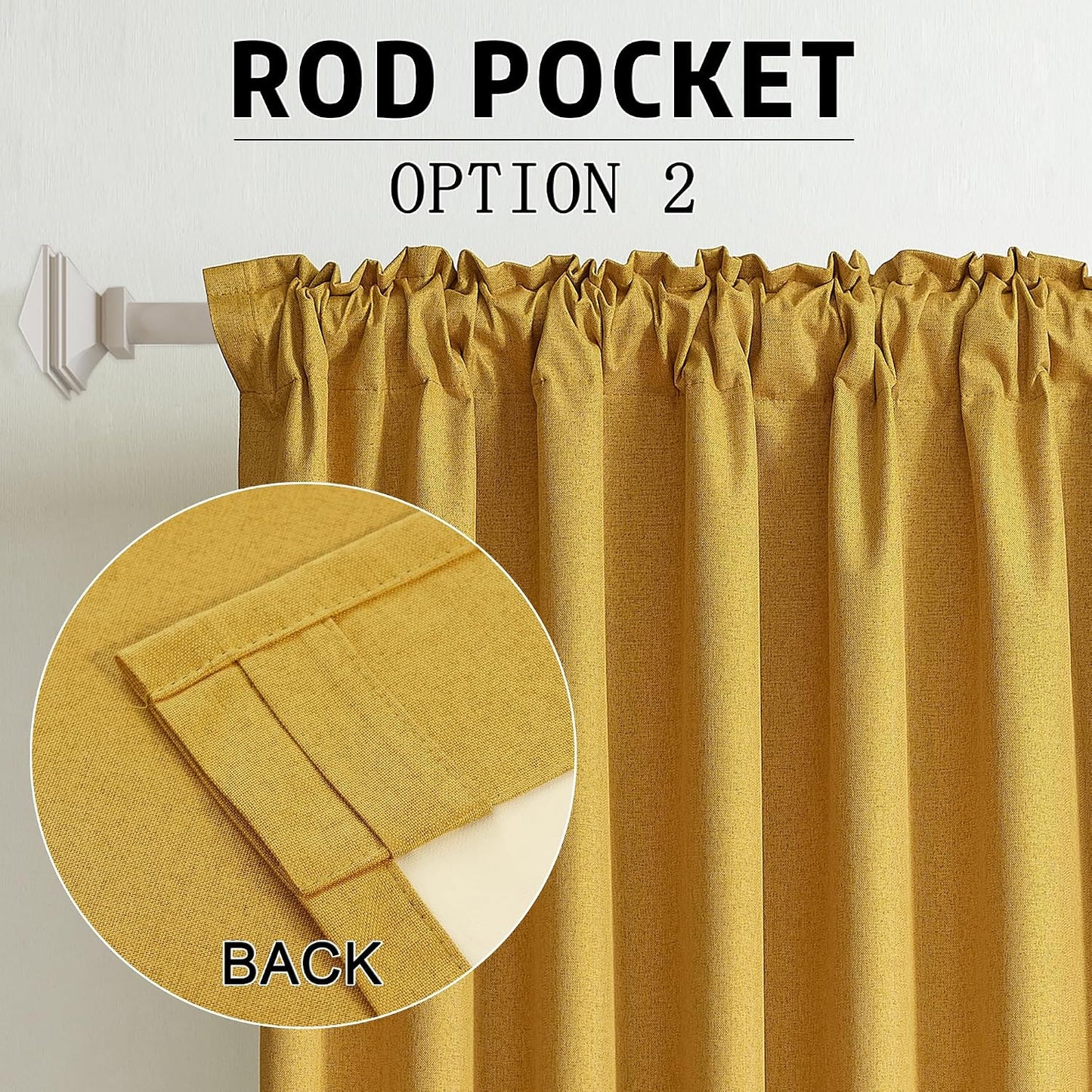 DUALIFE 100% Blackout Linen Yellow Curtains 84 Inch for Living Room Darkening, Bedroom Linen Drapes 84 Inches Long Rod Pocket/Back Tab Heat Blocking Bohemian Pleated Window Curtain(50"x84"x2)