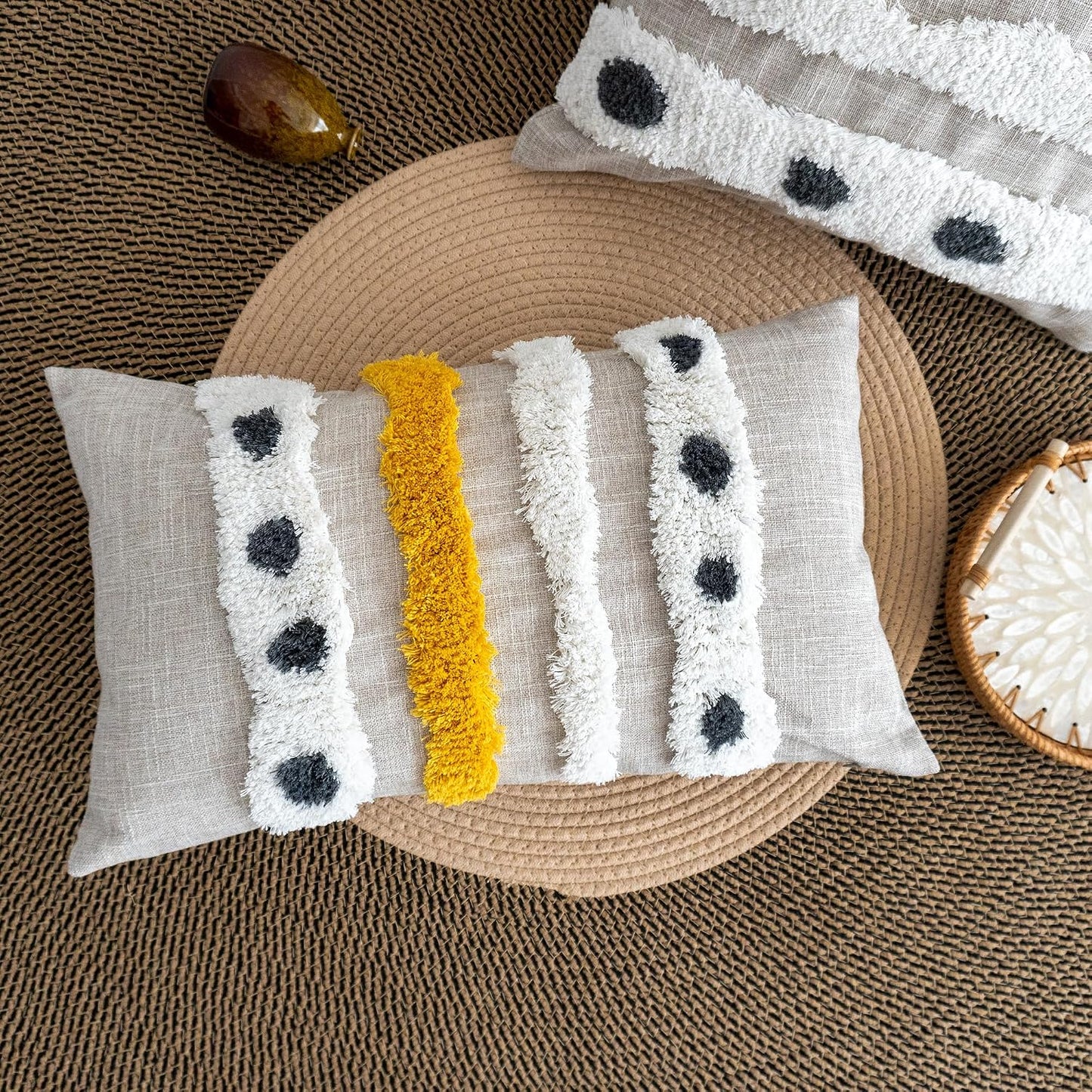 Boho Tufted Lumbar Throw Pillow Cover with Handwoven Stripes, Linen Cotton Simple Decorative Cushion Case for Couch Sofa, 1 PC (Beige Yellow, 12x20 inch)