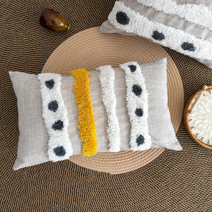 Boho Tufted Lumbar Throw Pillow Cover with Handwoven Stripes, Linen Cotton Simple Decorative Cushion Case for Couch Sofa, 1 PC (Beige Yellow, 12x20 inch)