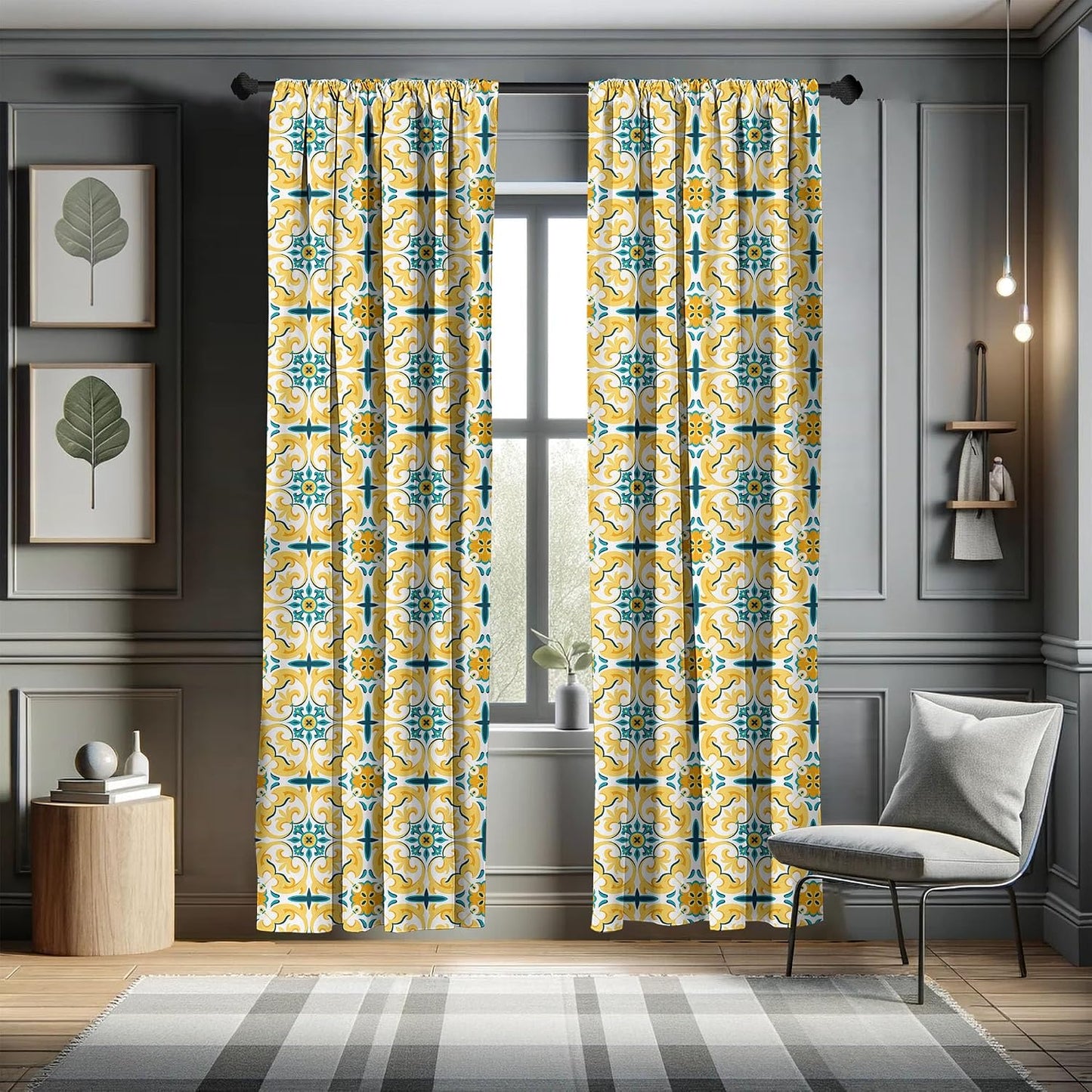 Ambesonne Victorian Window Curtains, Swirling Botanical Inspired Motif Repetition, Lightweight Decor 2-Panel Set with Rod Pocket, Pair of - 28" x 95", Mustard