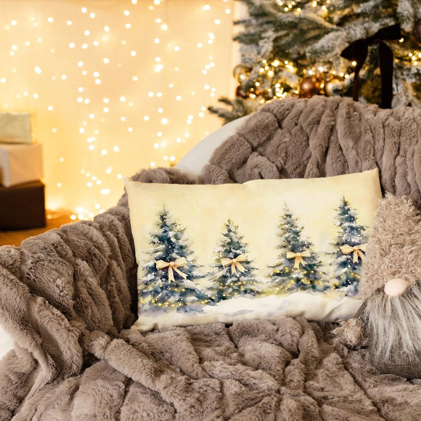 Coquette Yellow Bow Christmas Tree Lumbar Pillow Covers 12x20, Coquette Christmas Decor, Girly Xmas Tree Holiday Decorative Throw Pillow Covers for Living Room Home Bedroom
