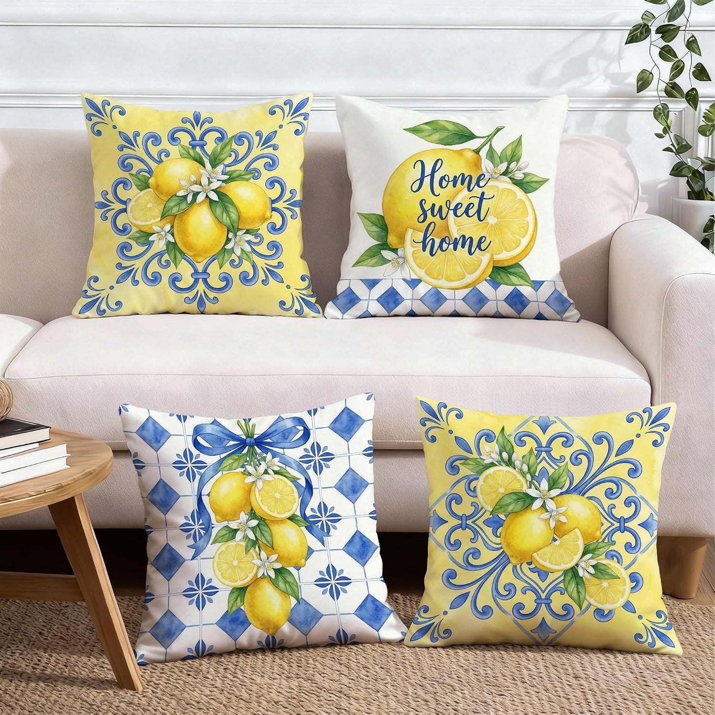 Lemon Throw Pillow Covers Set of 4, Farmhouse Rustic Flower Blue Pattern Summer Yellow with Hidden Zipper Cushion Covers Pillow for Living Room Bedroom Loft Office Car Decor 16x16 Inch