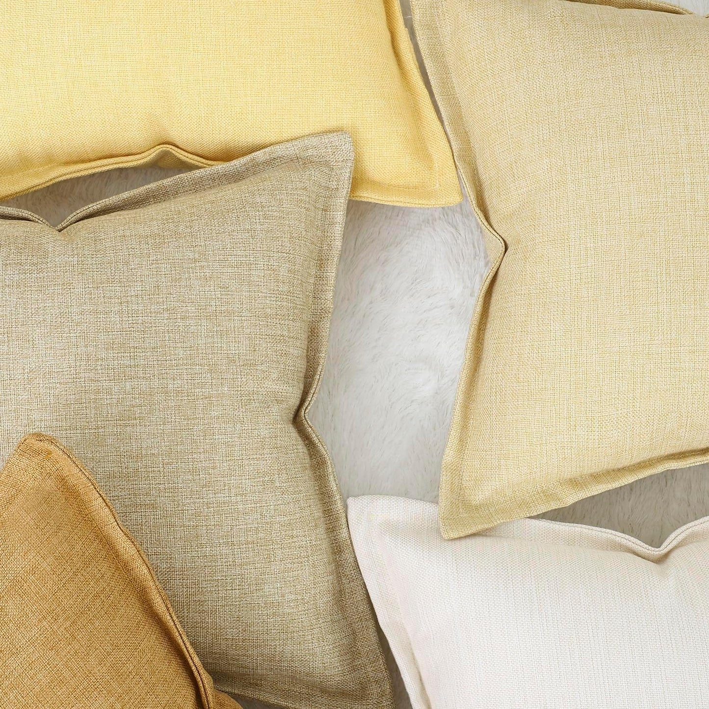 MADIZZ Pack of 2 Faux Rustic Linen Throw Pillow Covers with Flange Edge Soft Boho Natural Decorative Pillowcases for Sofa Living Room Modern Throw Pillows for Bed 18x18 Inch Light Yellow