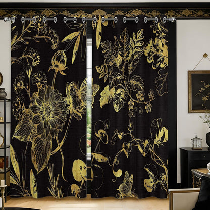 Black and Gold Vintage Botanical Blackout Curtains Patterned Golden Yellow Floral Window Drapes for Bedroom Living Room, 84 inch Length 2 Panels Set, 52x84 inch