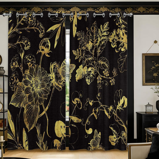 Black and Gold Vintage Botanical Blackout Curtains Patterned Golden Yellow Floral Window Drapes for Bedroom Living Room, 84 inch Length 2 Panels Set, 52x84 inch