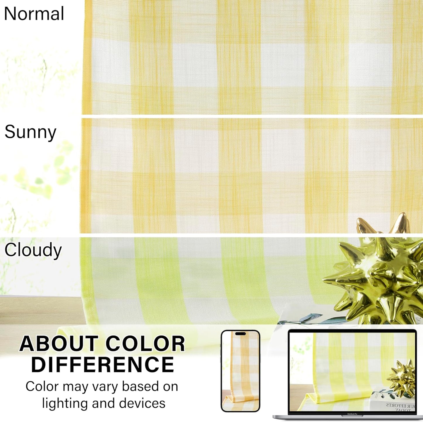 90 Inch Yellow White Buffalo Plaid Curtains,Rustic Plaid Semi Sheer Gingham Drapes,Farmhouse Window Treatment for Bedroom Living Room,Rod Pocket,Yellow/White,40" Wx90 L,2 Panels